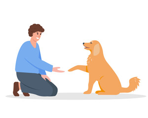 Young man with dog. Cute dog giving paw to man. Happy Pet and owner. Pet adoption, charity, care and love concept. Vector illustration isolated on white background.