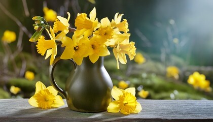 Canvas Print - still life with yellow spring flowers in jug