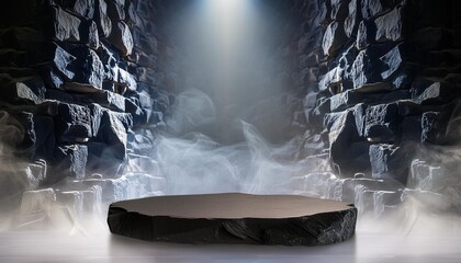 Wall Mural - empty black rock podium pedestal for display mockup or products presentation on background black rock walls with white smoke or fog and a light beam illuminating the base from above generative ai