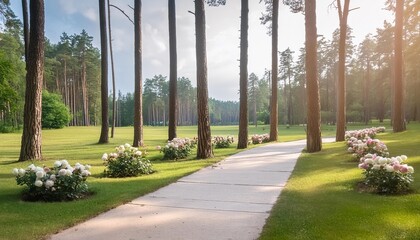 Wall Mural - cozy natural setting in a k dineikos wellness park druskininkai lithuania it features lawn with roses tall pine trees and a clear pathway