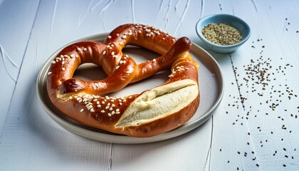 Wall Mural - bavarian pretzel with sesame on white background