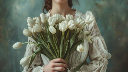 Wall Mural - A woman holds a bouquet of fresh white tulips