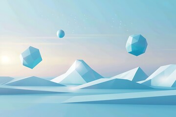 Sticker - A minimal banner with floating polygons, gradient transitions, and a calming blue color palette. Abstract and modern design, hd quality, natural look