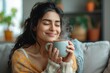 © saida - Peaceful young indian lady sitting on couch with closed eyes, enjoy drinking coffee, enjoying morning with warm drink in living room, copy space