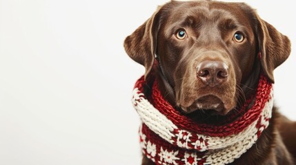 Wall Mural - Brown dog wearing Christmas scarf with bell looking at camera on white background