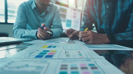 Close up ux developer and ui designer brainstorming about mobile app interface wireframe design on table with customer breif and color code at modern office.creative digital development agency.
