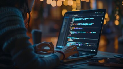 Closeup coding on screen woman hands coding html and programming on screen laptop development web developer.