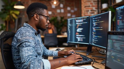 Young african male programmer writing program code sitting at the workplace with three monitors in the office. image focused on the screen.