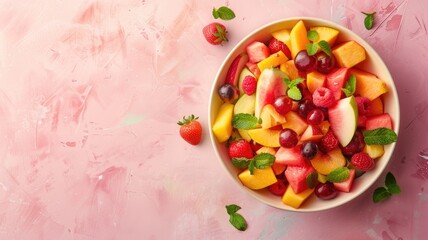 Wall Mural - Colorful bowl of mixed fresh fruits on pastel background