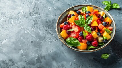 Wall Mural - Colorful fruit salad in bowl with fresh basil garnish on gray textured background