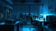 © PixelAI - A scene of working late in an office illuminated by blue light, reflecting dedication and perseverance