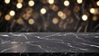 © Maria - Empty black  marble tabletop with golden light bokeh background for product display. luxury background for luxury product stand with  copy space for party, advertisement