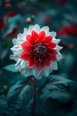 Poster - A stunning dahlia flower in full bloom with vibrant red and white petals, showcasing nature's beauty and intricacy.