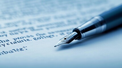 Wall Mural - A close-up shot of a fountain pen poised over a document with elegant cursive writing, highlighting the fine nib and intricate ink details in high focus.