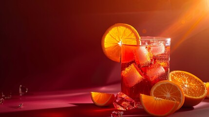 Red fruit cocktail accompanied by orange slices against a maroon backdrop