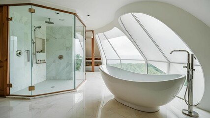 Wall Mural - Luxurious Modern Bathroom with Oval Bathtub and Scenic Woodland View-

AI generated digital art