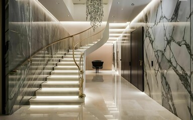 Poster - Elegant Hallway with Marble Wall and Gold-Railed Curved Staircase-

AI generated digital art