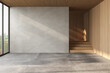 © leymandesign - Modern contemporary loft empty room with nature view. There are wooden stair plank wall and ceiling and blank concrete wall for copy space