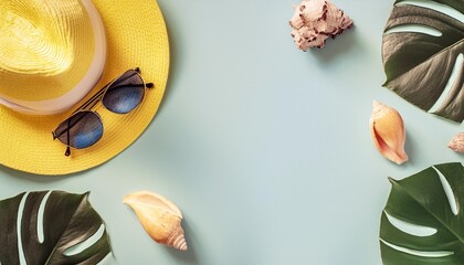 summer blue banner with yellow hat sunglasses seashell and monstera leaf on blue background top view