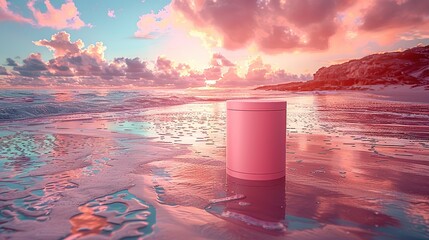 Poster - Pink Sunset Beach with a Cylinder