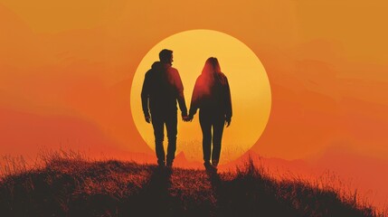 Poster - Romantic Silhouette at Sunset: A Couple's Connection with Copy Space