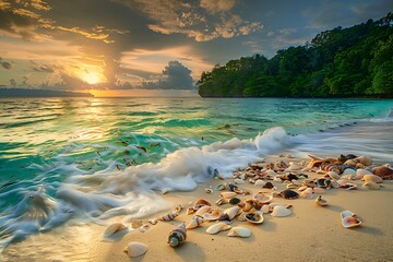 Wall Mural - A secluded tropical beach at sunset, turquoise water with gentle waves,ations overhead,