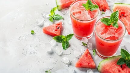 Wall Mural - Two glasses of watermelon juice with green leaves, watermelon pieces, and ice on a light background