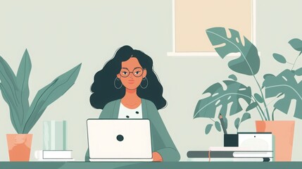 Poster - A woman with curly hair and glasses sits at a desk in a home office, working on a laptop. Houseplants add a touch of nature to the space.