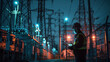 © khonkangrua - Industrial electrician in safety gear using a tablet to check operations at a power plant with high-voltage towers at night.