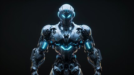 Aufkleber - A futuristic robot stands in a dark studio, its blue glowing lights illuminating its metallic body. The robot appears to be ready for action, its arms raised in a confident pose.