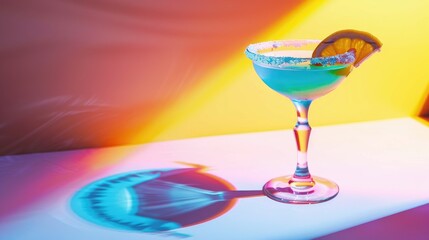 Sticker - Colorful Margarita glass on bright neon background with shadow Close up shot with white blue and yellow hues Ideal for advertising with pop art theme