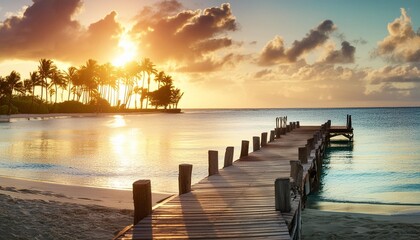 Wall Mural - wooden dock and shore at sunrise at bayahibe beach dominican republic