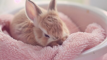 Sticker - 3 week old fluffy bunny in pink bath on matching cloth young and adorable