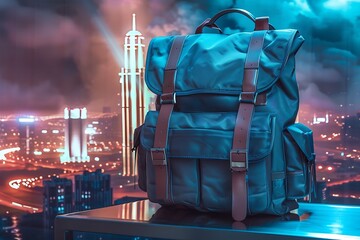 Wall Mural - A stylish, modern backpack on a sleek table, with a dynamic cityscape background and cool, urban lighting.