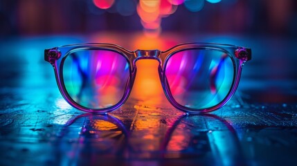 Aufkleber - A pair of glasses sits on a wet surface, reflecting colorful neon lights.