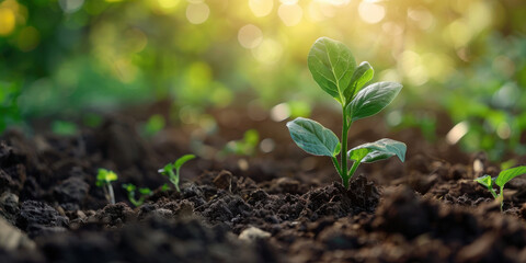 Close-up of a young plant growing in sunlit soil, symbolizing new beginnings and natural growth.