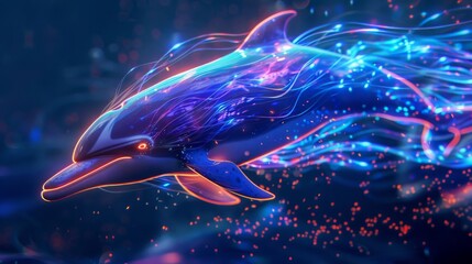 Aufkleber - A digital dolphin swims through a dark blue sea with glowing lines of blue and purple light.