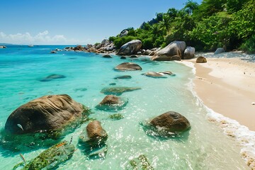 Wall Mural - A tropical beach during midday, vibrant turquoise water, soft white sand, large boulders scattered along the shore, colorful tropical fish visible in the clear water, bright sunlight creating sparklin