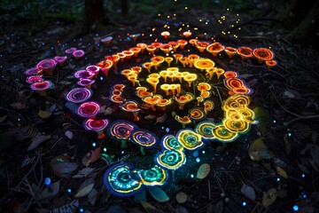 Wall Mural - A vibrant formation of luminescent fungi, glowing in various colors, arranged in a spiral pattern on a dark forest floor, with bioluminescent spores floating around.