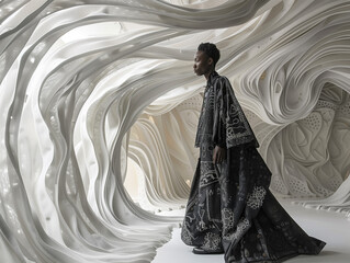 A model wearing a flowing white garment that creates dynamic shapes and textures, posing against a neutral backdrop, showcasing the ethereal beauty and artistic play with fabric and motion in a high f