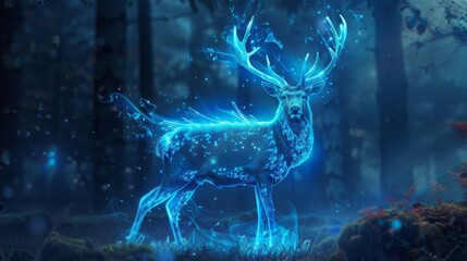 Fototapete - A glowing blue deer stands in a dark forest, with a background of trees and foliage.
