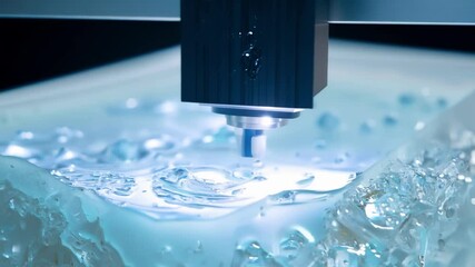Slowmotion footage of a DLP digital light processing 3D printer using a projector and photosensitive resin to create a highly detailed object.