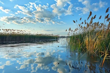 Wall Mural - A wetland ecosystem, reeds swaying, diverse bird species, calm waters reflecting the sky, a sense of tranquility