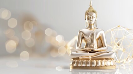 Wall Mural - A gold Buddha statue sits on a white surface with a gold sphere