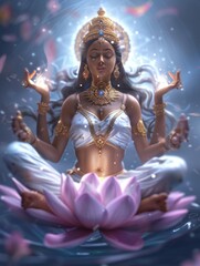 Wall Mural - A woman is sitting on a lotus flower in a pond, goddess of prosperity Lakshmi