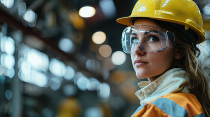 Wall Mural - Female engineer wearing safety gear in an industrial setting, demonstrating professionalism and focus on her work.