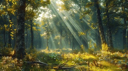 Wall Mural - Sunbeams through the Forest