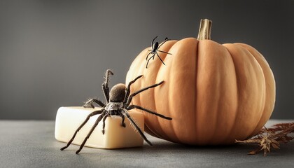 Wall Mural - halloween pumpkin with spider candle and soap copy space