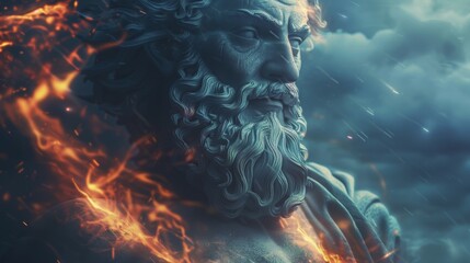 Poster - A man with a beard and a beard is shown with fire coming out of his mouth, Zeus