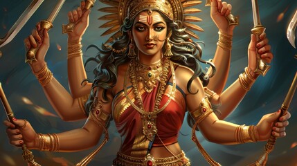 Poster - A woman with a gold headpiece and red dress is holding a sword, Durga